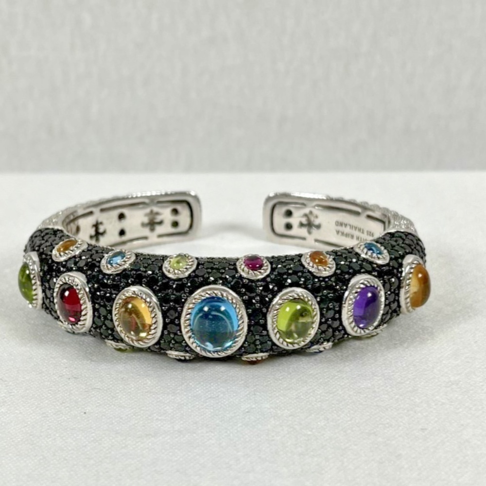 Judith Ripka Sterling Silver Black Spinel Multi Gemstone Hinged Cuff Bracelet